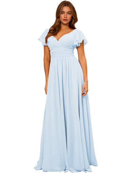 V-Neck Flutter Sleeve Chiffon Bridesmaid Dress with Empire Waist