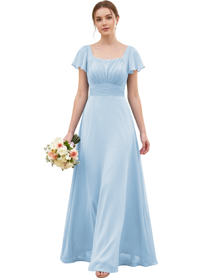 Square Neck Chiffon Bridesmaid Dress with Flutter Sleeves and Lace-Up Back