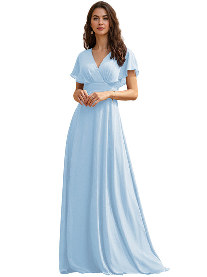 Flutter Sleeve V-Neck Chiffon Bridesmaid Dress with Flowing dress
