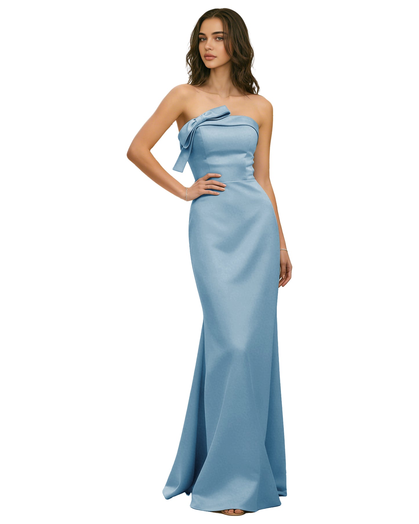 Strapless Satin Bridesmaid Dress with Draped Bodice and Side Slit
