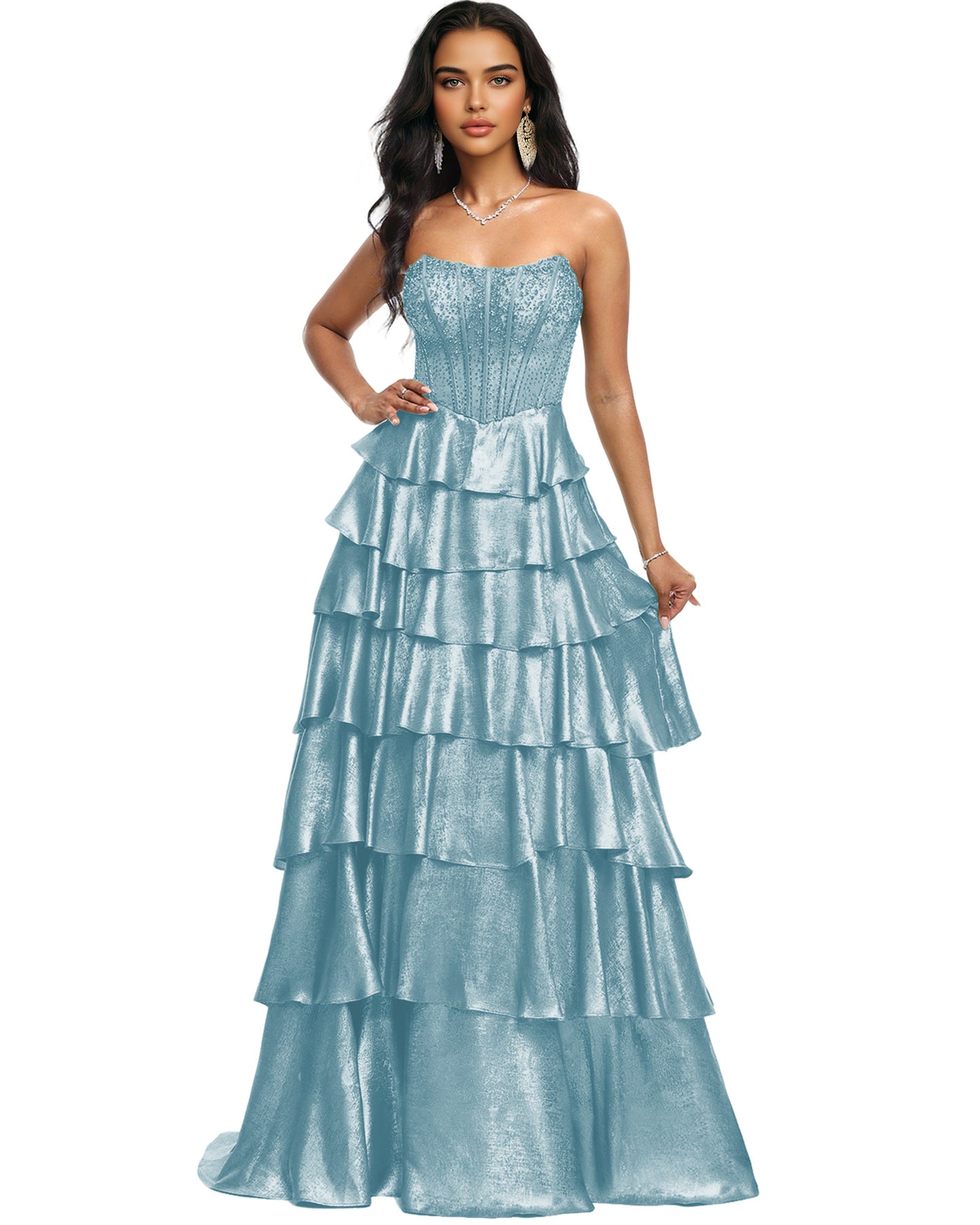 Strapless Tiered Sequin A-Line Prom Dress with Ruffle Layers