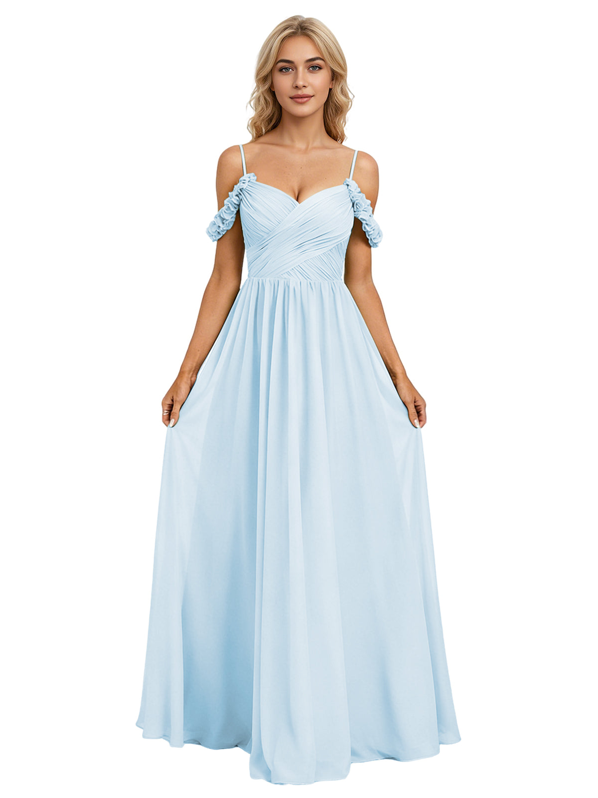 Off Shoulder Lace Applique Bridesmaid Dress with Flowing Chiffon dress