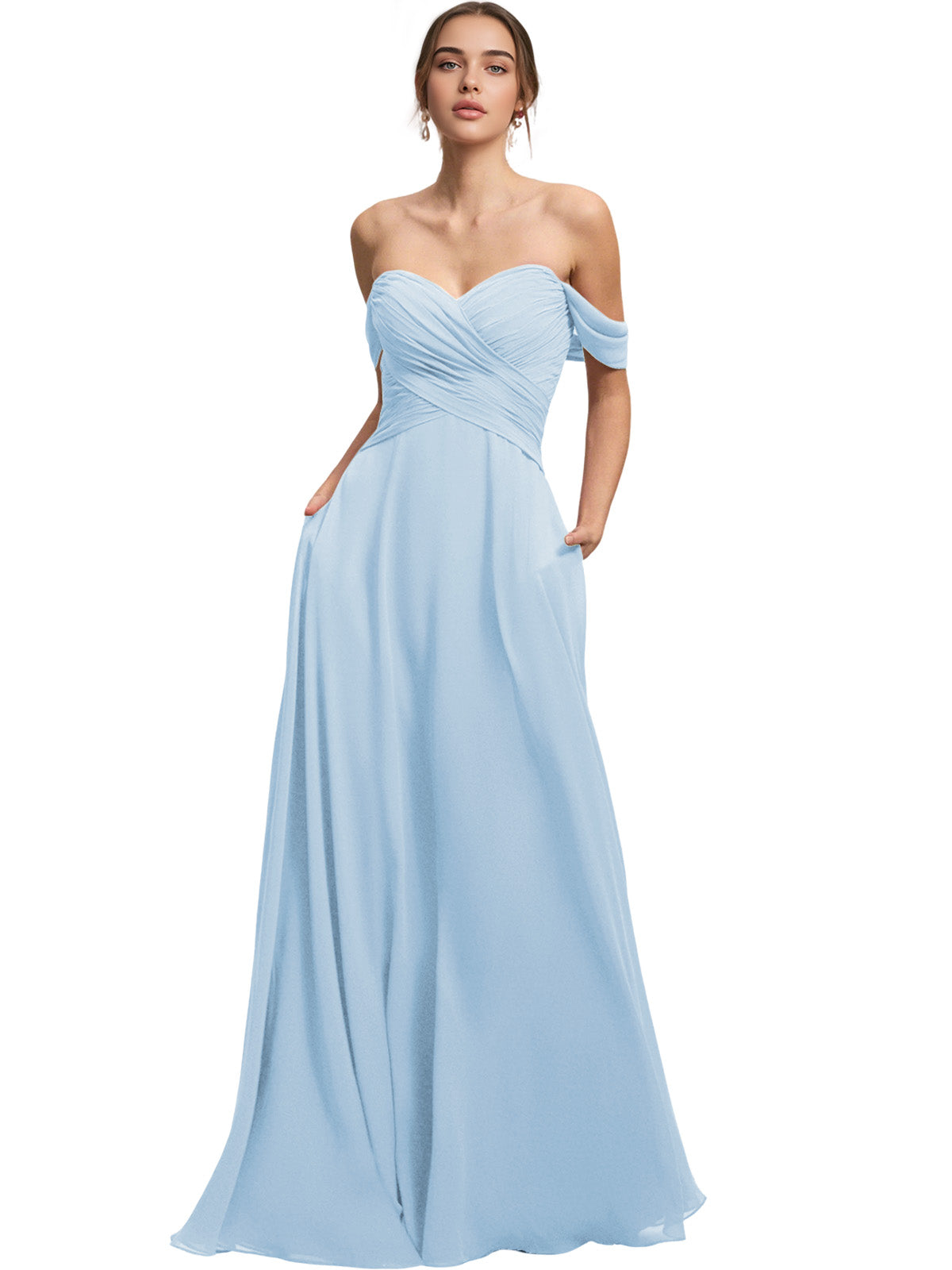 Off Shoulder Chiffon Bridesmaid Dress with Draped Bodice and A-Line Dress