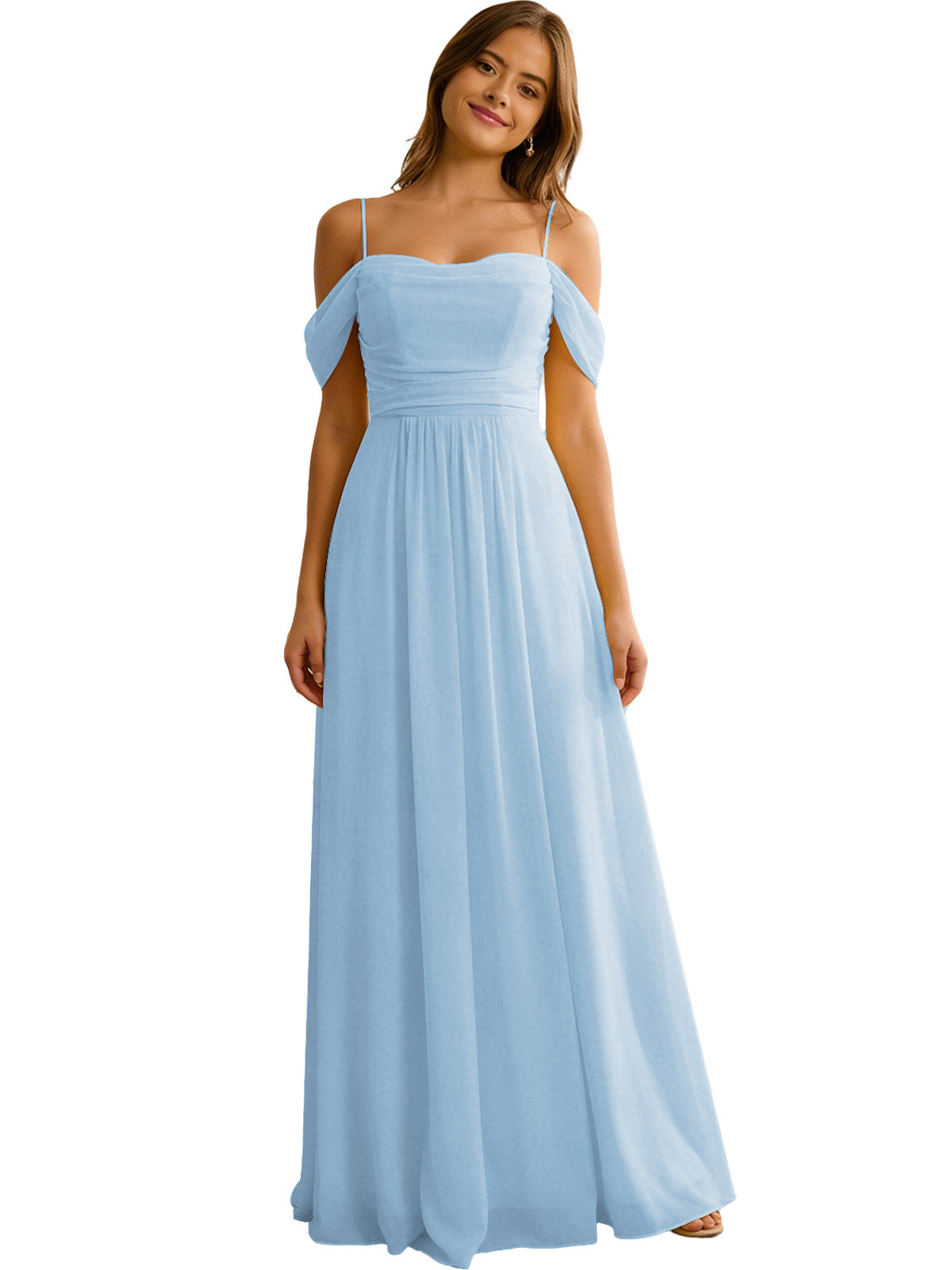 Off Shoulder Chiffon Bridesmaid Dress with Soft Pleated Bodice