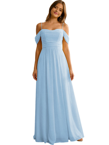 Off Shoulder Chiffon Bridesmaid Dress with Soft Pleated Bodice