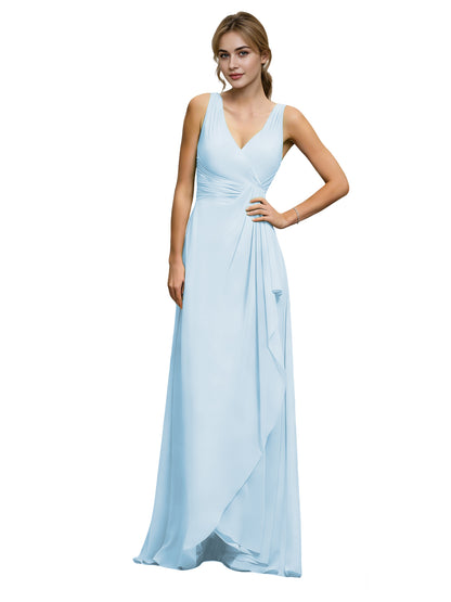 Halter V-Neck Chiffon Bridesmaid Dress with Draped Sash Waist