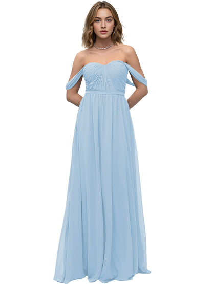 Off Shoulder Sweetheart Chiffon Bridesmaid Dress with Ruched Bodice