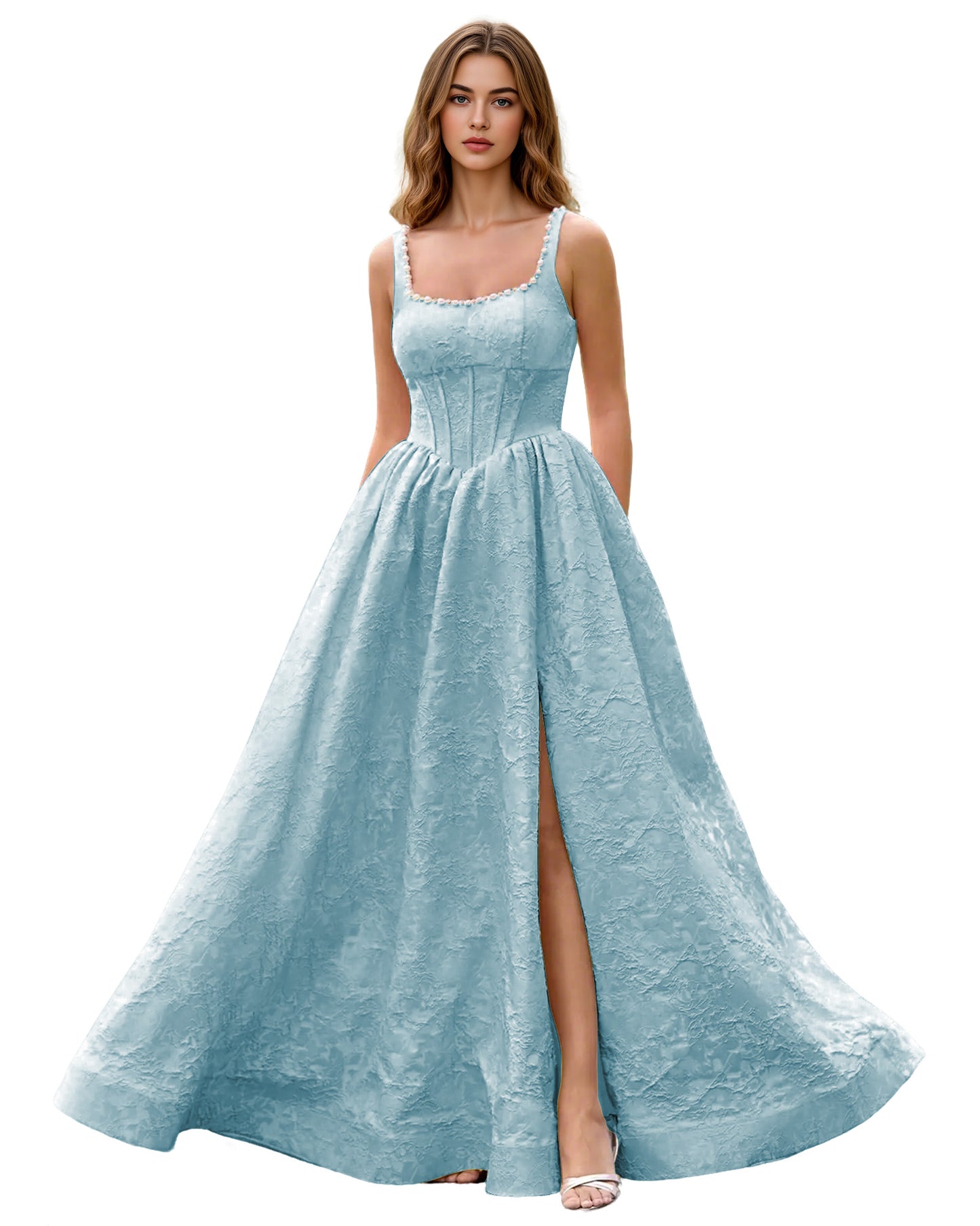 Square Neck Jacquard Ball Gown Prom Dress with Wide Straps and Pockets