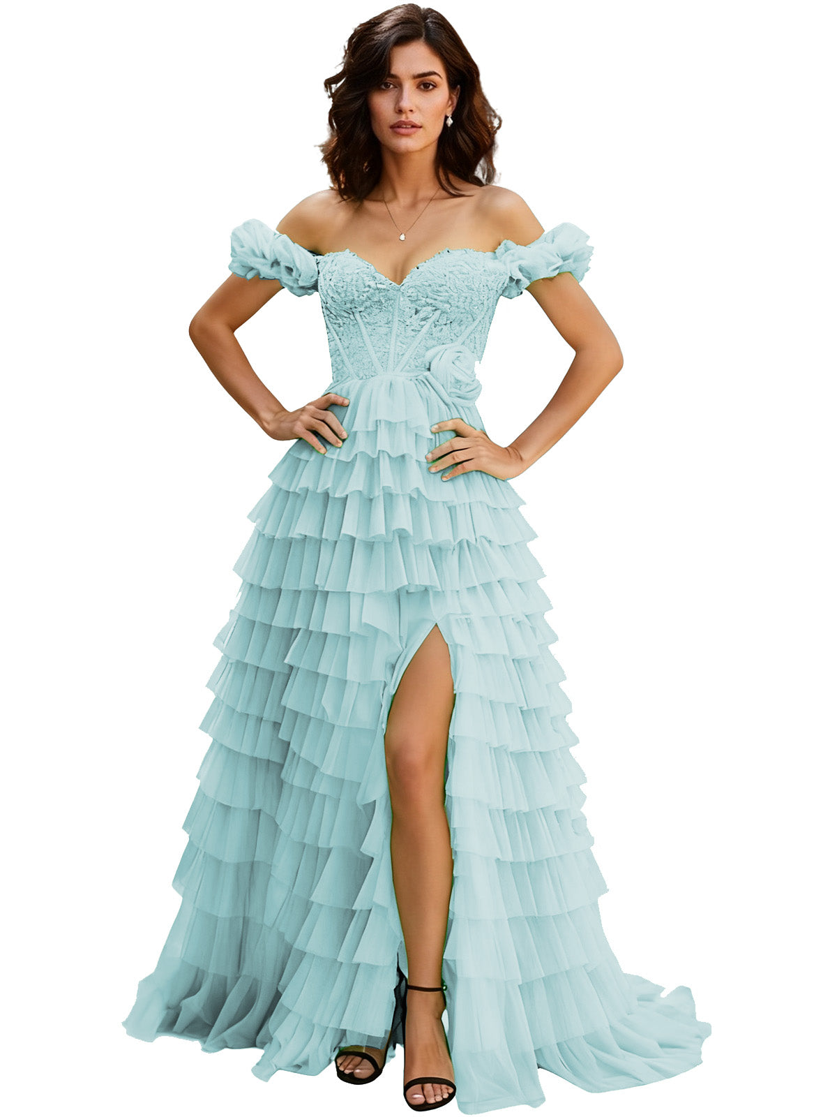 Off Shoulder Tulle Ball Gown Prom Dress with Ruffle Sleeves and Slit