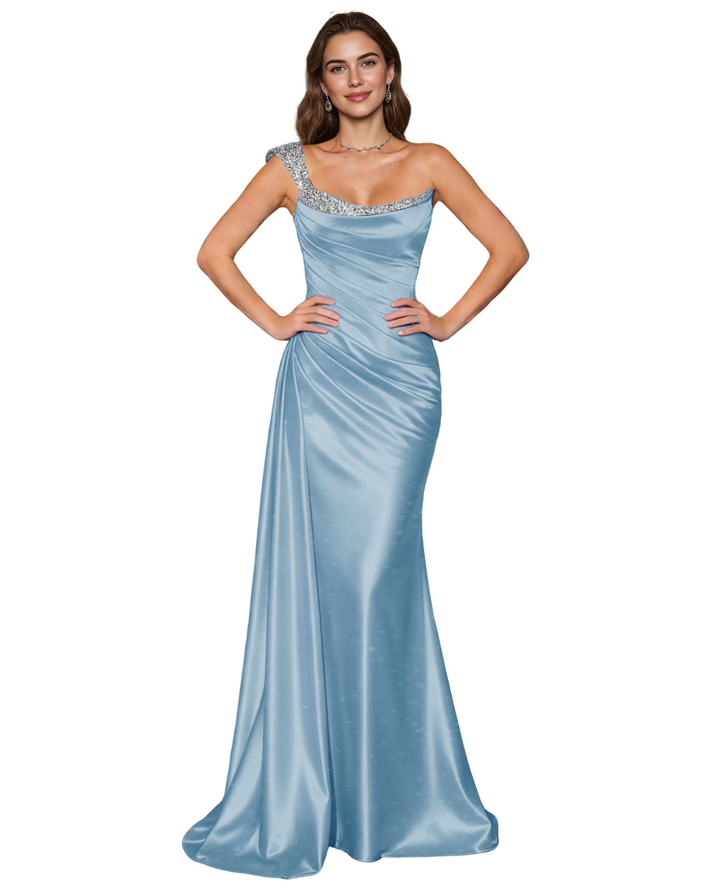 Spaghetti Strap Satin Mermaid Prom Dress with Draped Cowl Neck