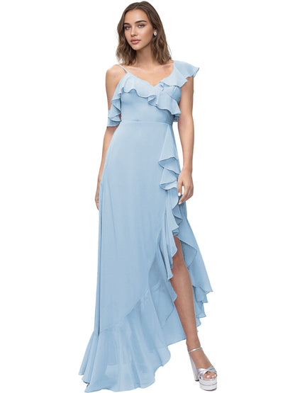 Asymmetrical Ruffle Chiffon Bridesmaid Dress with High Low Slit