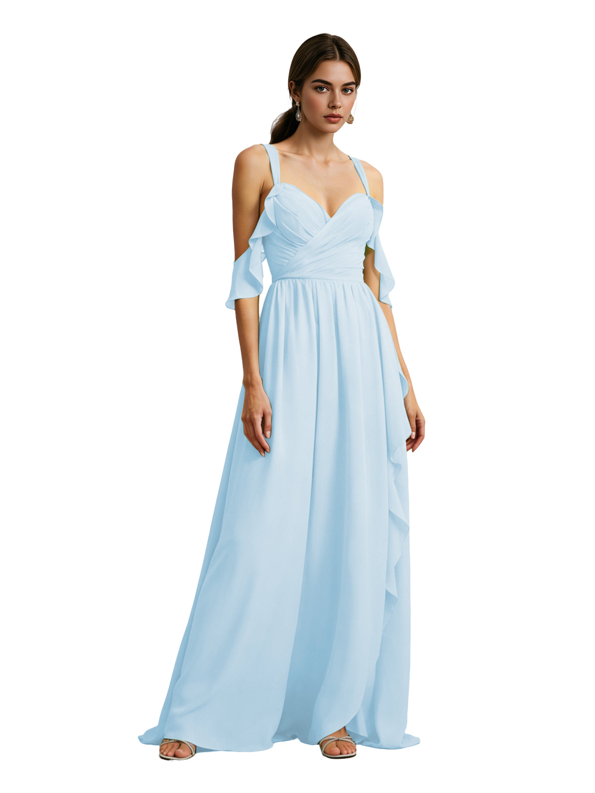 Cold Shoulder Chiffon Bridesmaid Dress with Draped V-Neck Bodice