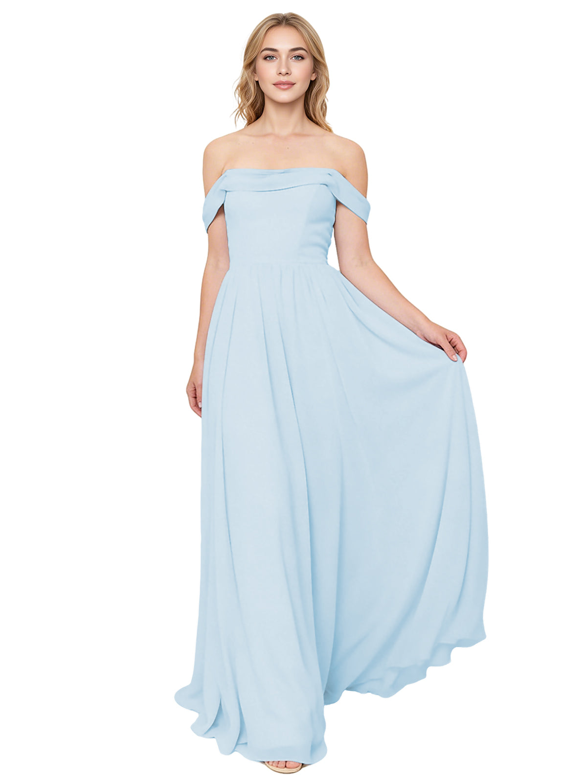 Off Shoulder Pleated Chiffon Bridesmaid Dress with Flowing A-Line Dress