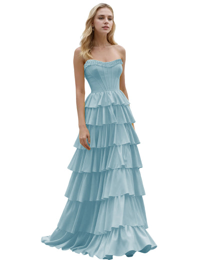 Strapless Tiered Ruffle A-Line Prom Dress with Corset Bodice