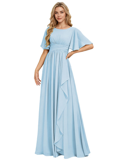 Flutter Sleeve Chiffon Bridesmaid Dress with Tiered Front Ruffle
