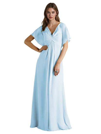 Short Sleeve V-Neck Chiffon Bridesmaid Dress with Gathered Waist