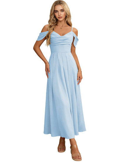 Off Shoulder Midi Bridesmaid Dress with Pleated Bodice and Flowing dress
