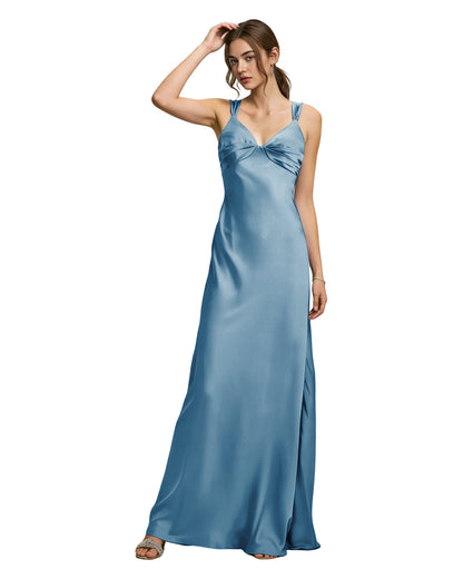 Satin Cowl Neck Bridesmaid Dress with Spaghetti Straps and Bias Cut