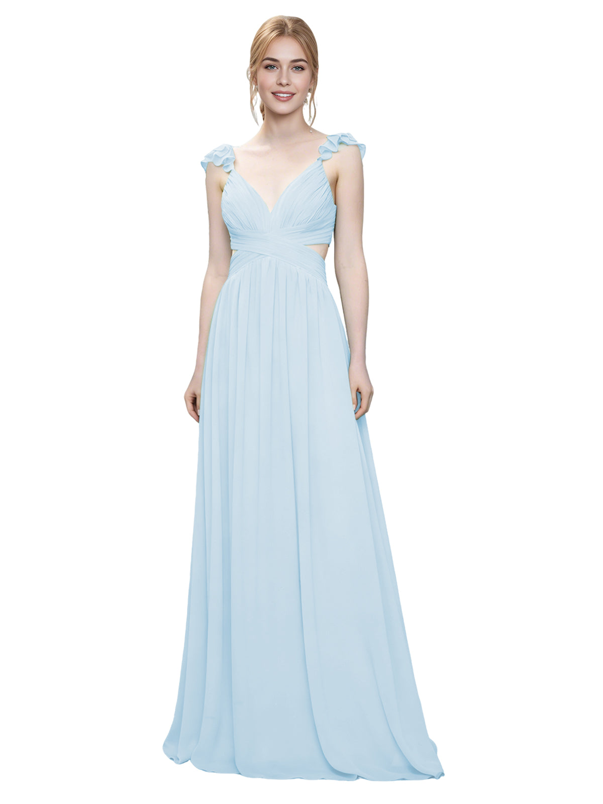Ruffle Strap V-Neck Tulle Bridesmaid Dress with Pleated Waist