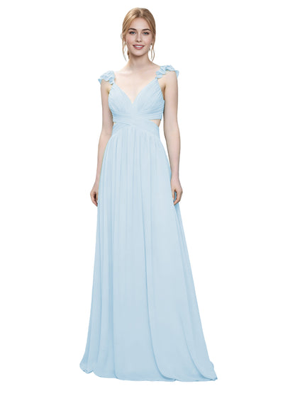 Ruffle Strap V-Neck Tulle Bridesmaid Dress with Pleated Waist