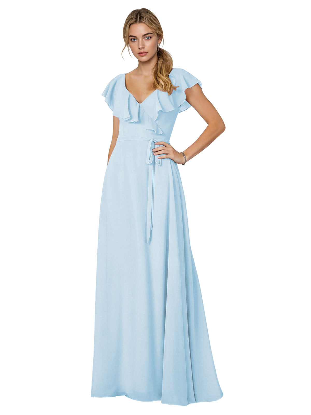 Tie Neck Chiffon Bridesmaid Dress with Flutter Sleeves