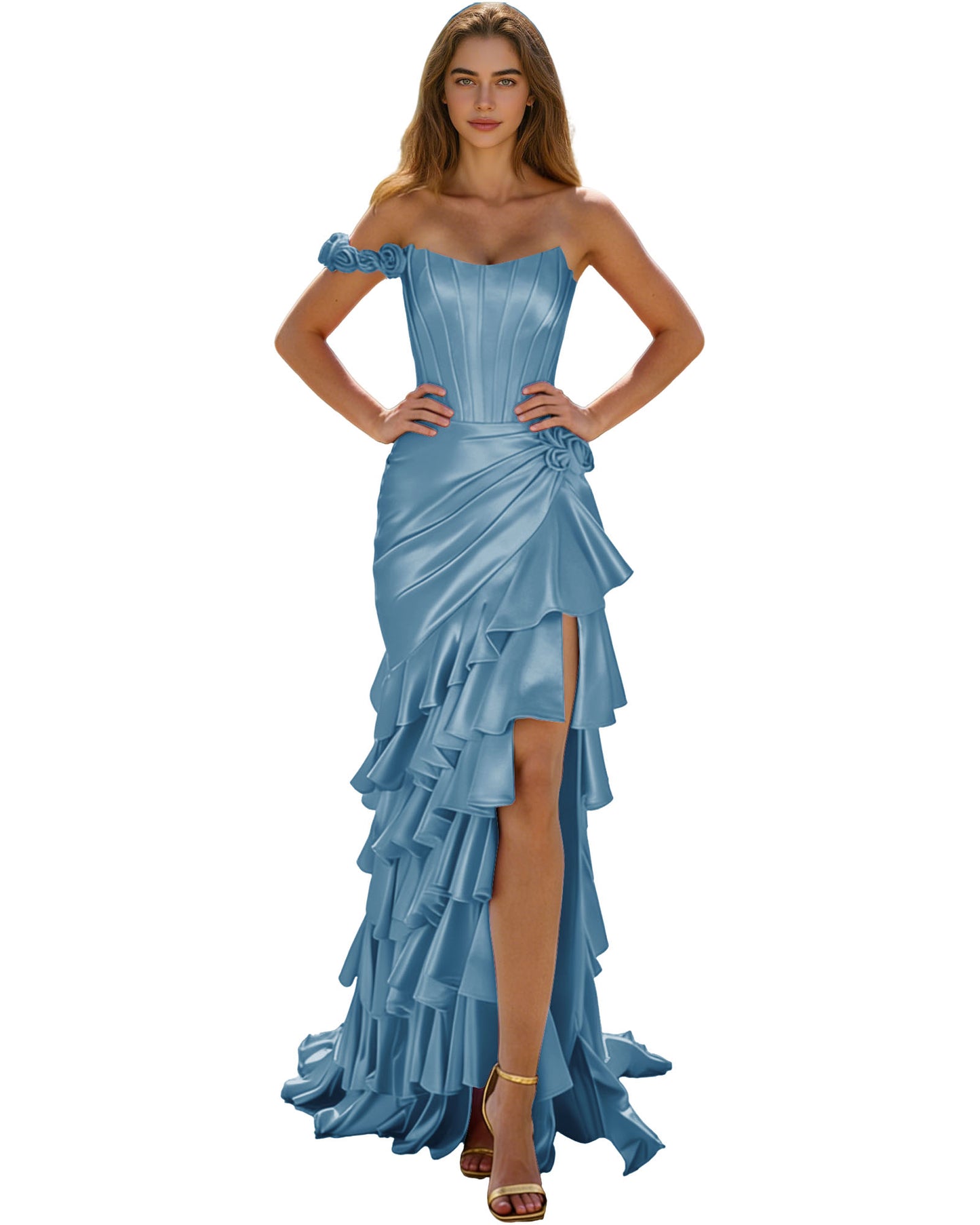 Off Shoulder Ruffle High Low Prom Dress with Tiered dress and Corset Waist