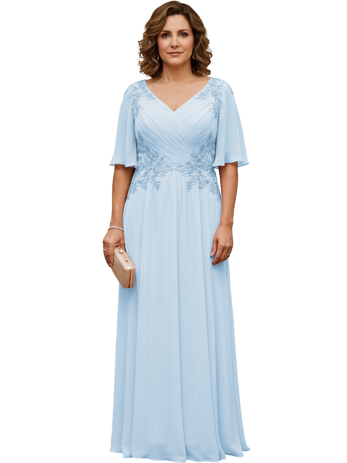 Mother of the Bride Dress Long Chiffon A-Line Gown with Flutter Sleeves and Beaded Lace