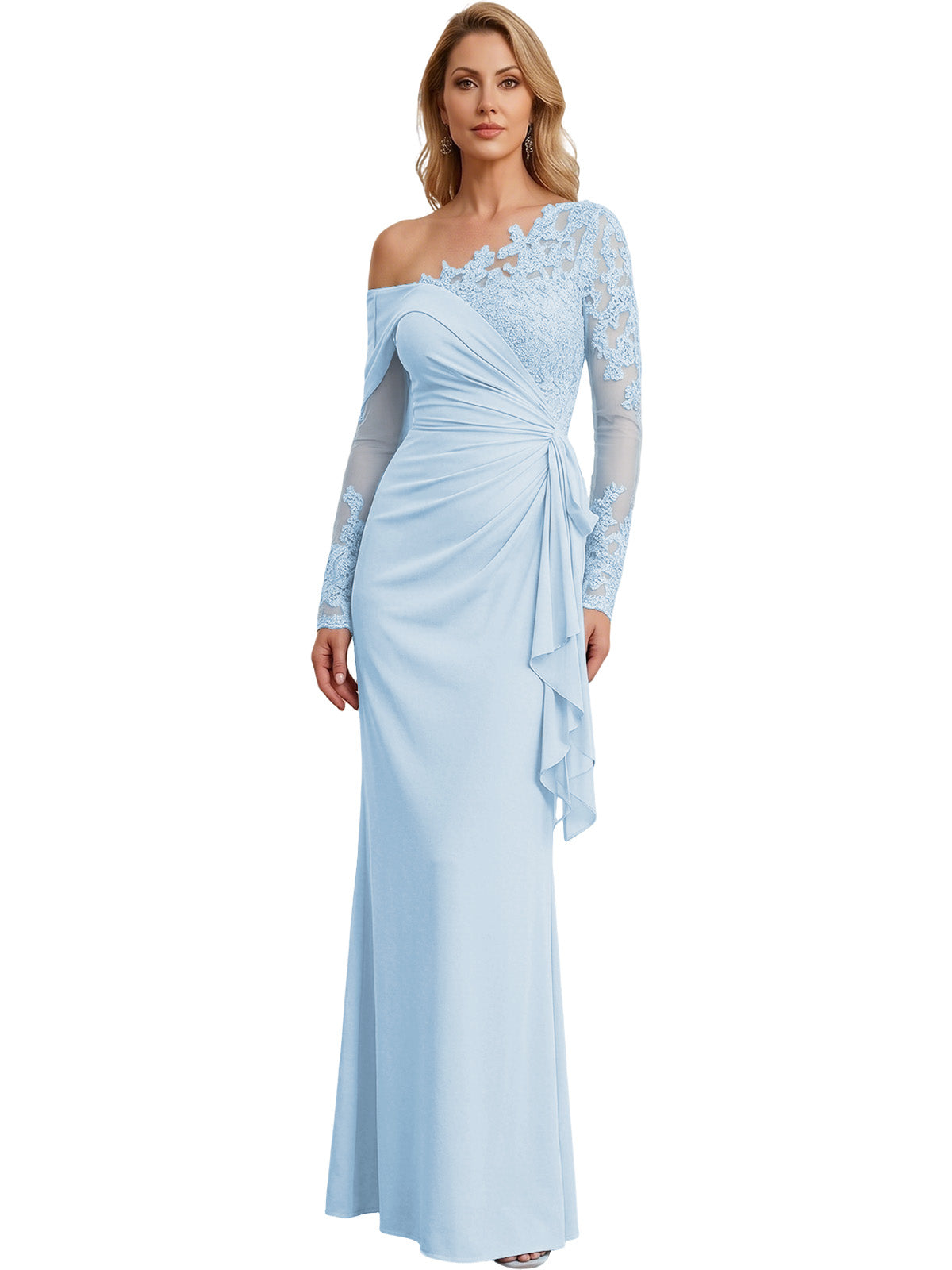 One Shoulder Mother of the Bride Gown Long Lace Sleeve Mermaid Dress with Draped Ruffle