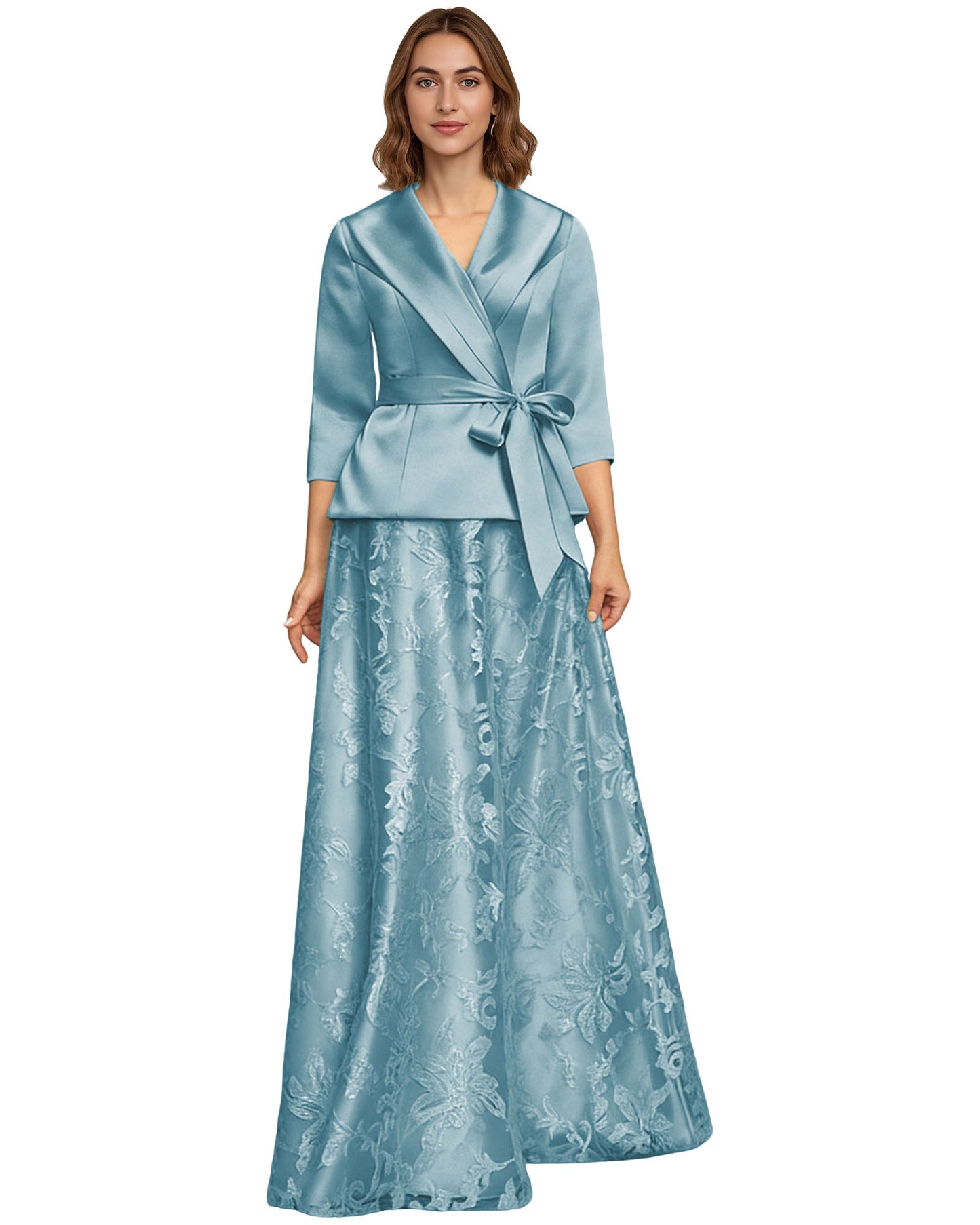 Two Piece Mother of the Bride Dress Satin Wrap Top Embroidered Long Skirt Formal Set