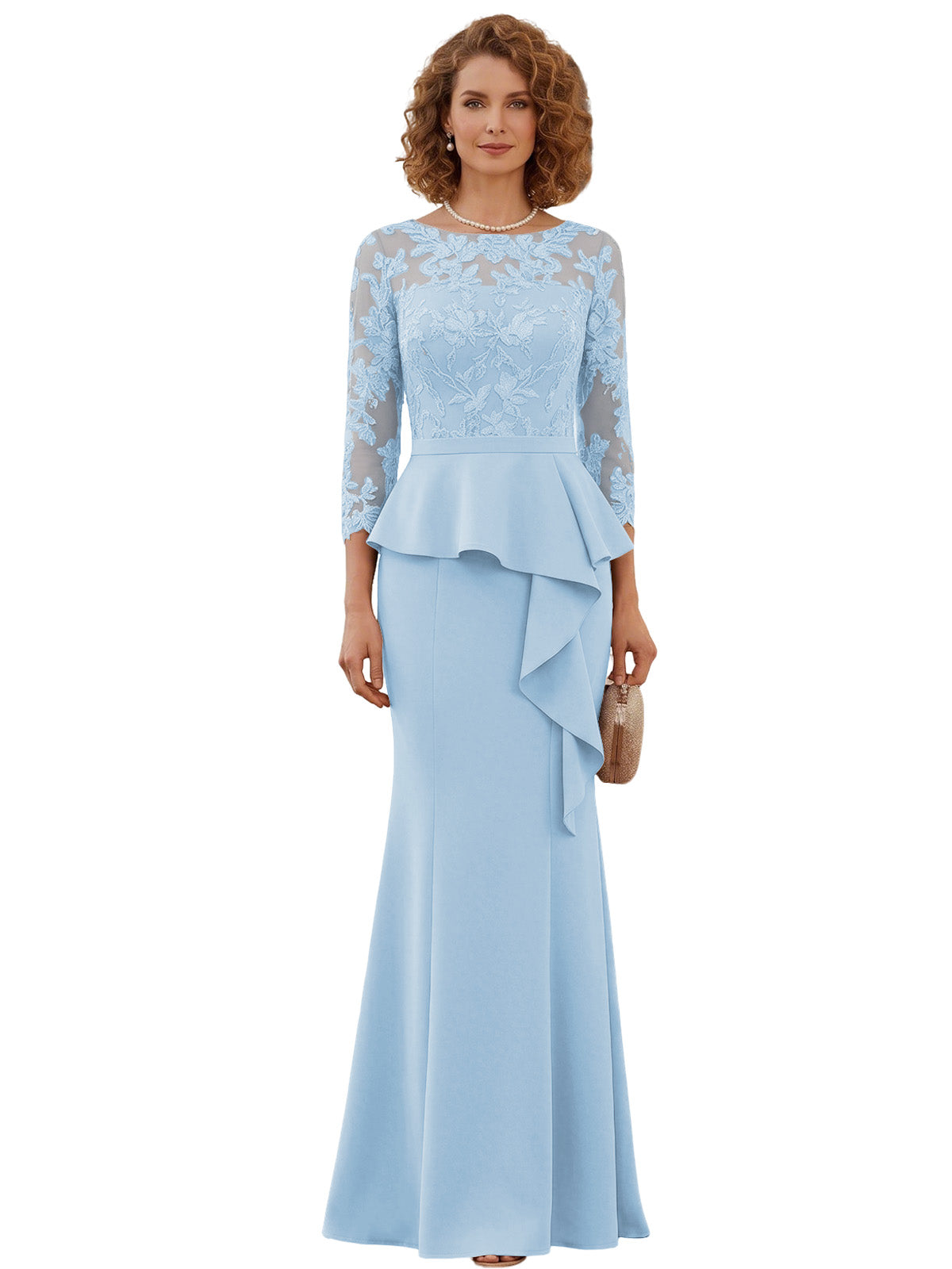 Long Mother of the Bride Dress Lace Illusion Bodice Peplum Mermaid Formal Evening Gown