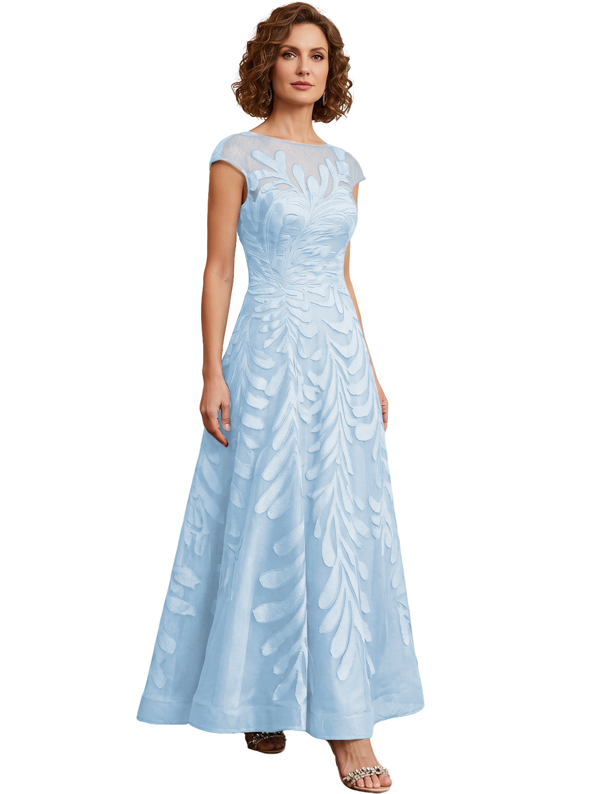 Embroidered Tulle Mother of the Bride Dress Long A-Line Gown with Illusion Cap Sleeves