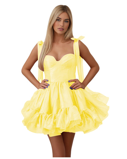 Bow Shoulder Satin Corset Ruffle Homecoming Dress