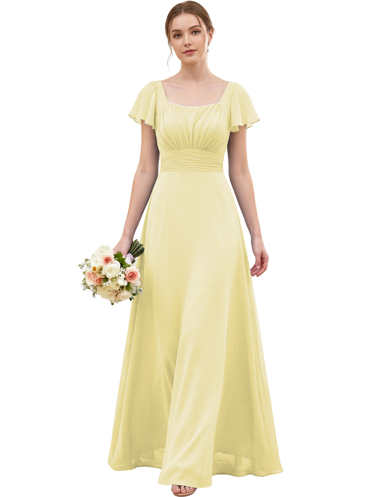 Square Neck Chiffon Bridesmaid Dress with Flutter Sleeves and Lace-Up Back