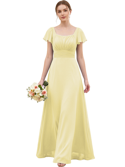 Square Neck Chiffon Bridesmaid Dress with Flutter Sleeves and Lace-Up Back