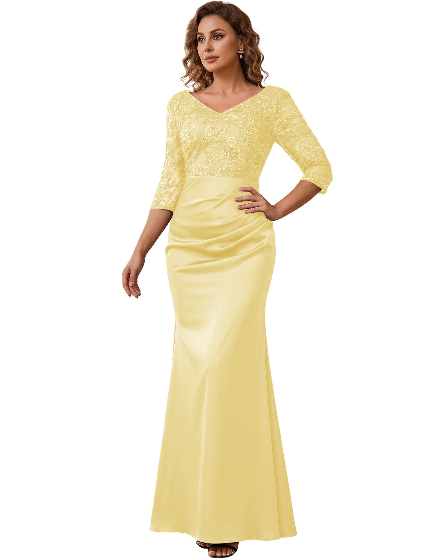 Mother of the Bride Dress Long Lace Mermaid Formal Gown with 3/4 Sleeves