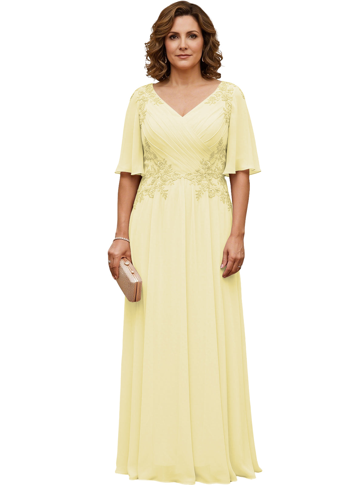 Mother of the Bride Dress Long Chiffon A-Line Gown with Flutter Sleeves and Beaded Lace