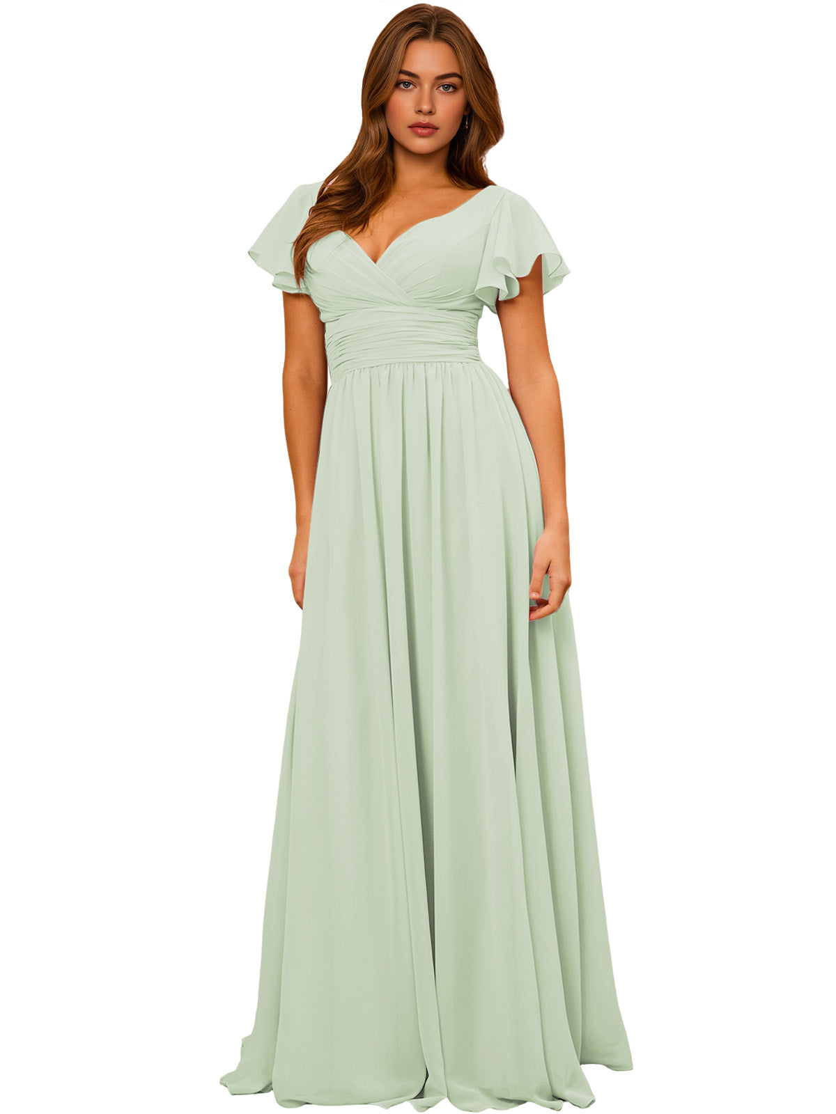 V-Neck Flutter Sleeve Chiffon Bridesmaid Dress with Empire Waist
