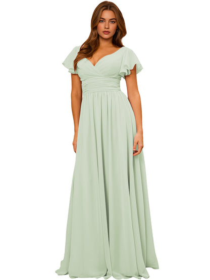 V-Neck Flutter Sleeve Chiffon Bridesmaid Dress with Empire Waist