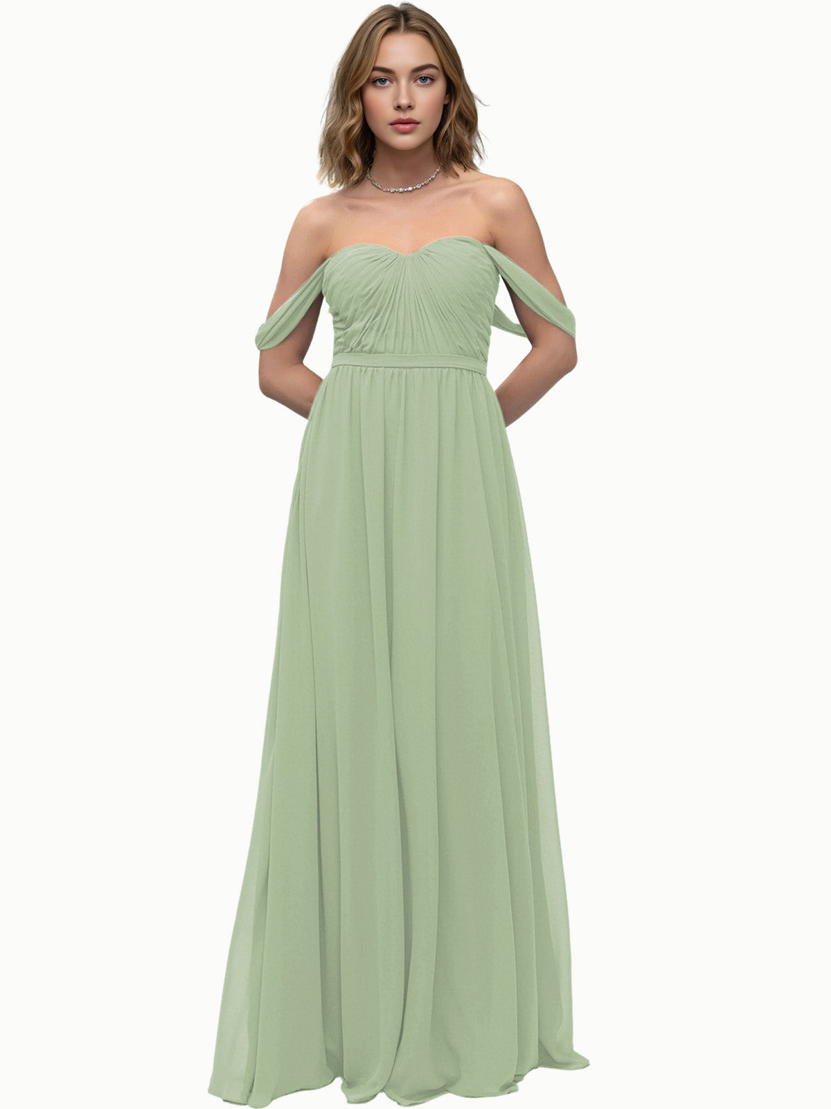 Off Shoulder Sweetheart Chiffon Bridesmaid Dress with Ruched Bodice