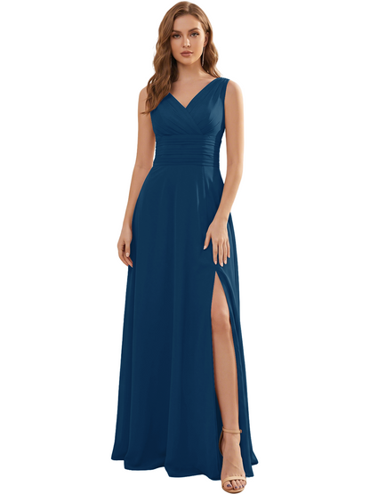 V-Neck Chiffon Bridesmaid Dress with Ruched Waist and Slit