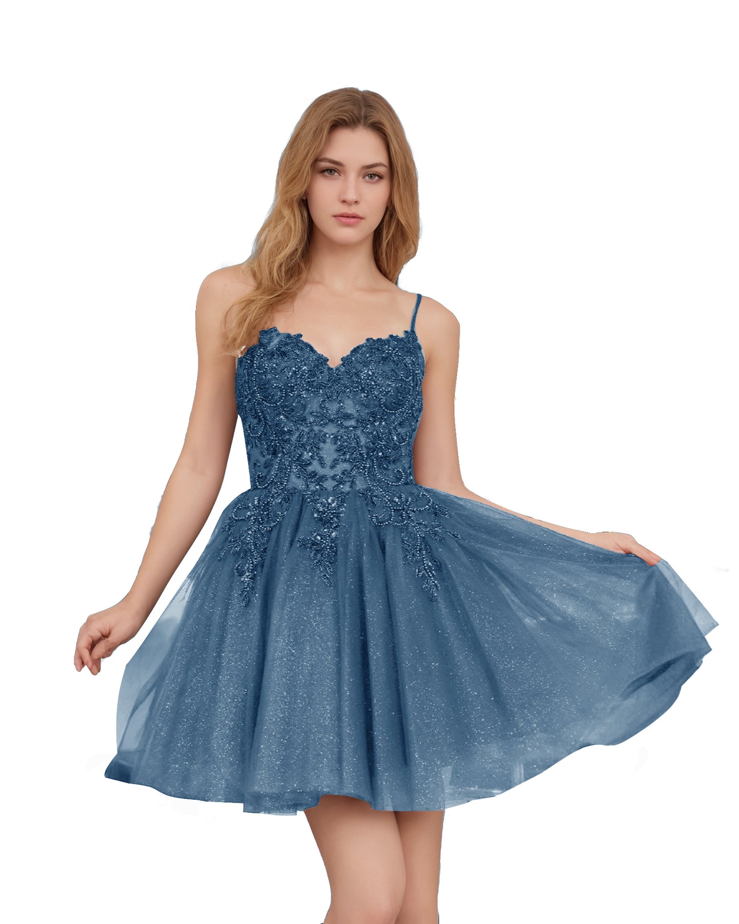 Spaghetti Strap Beaded Corset Glitter Tulle Homecoming Dress