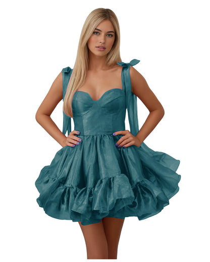 Bow Shoulder Satin Corset Ruffle Homecoming Dress