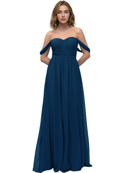 Off Shoulder Sweetheart Chiffon Bridesmaid Dress with Ruched Bodice