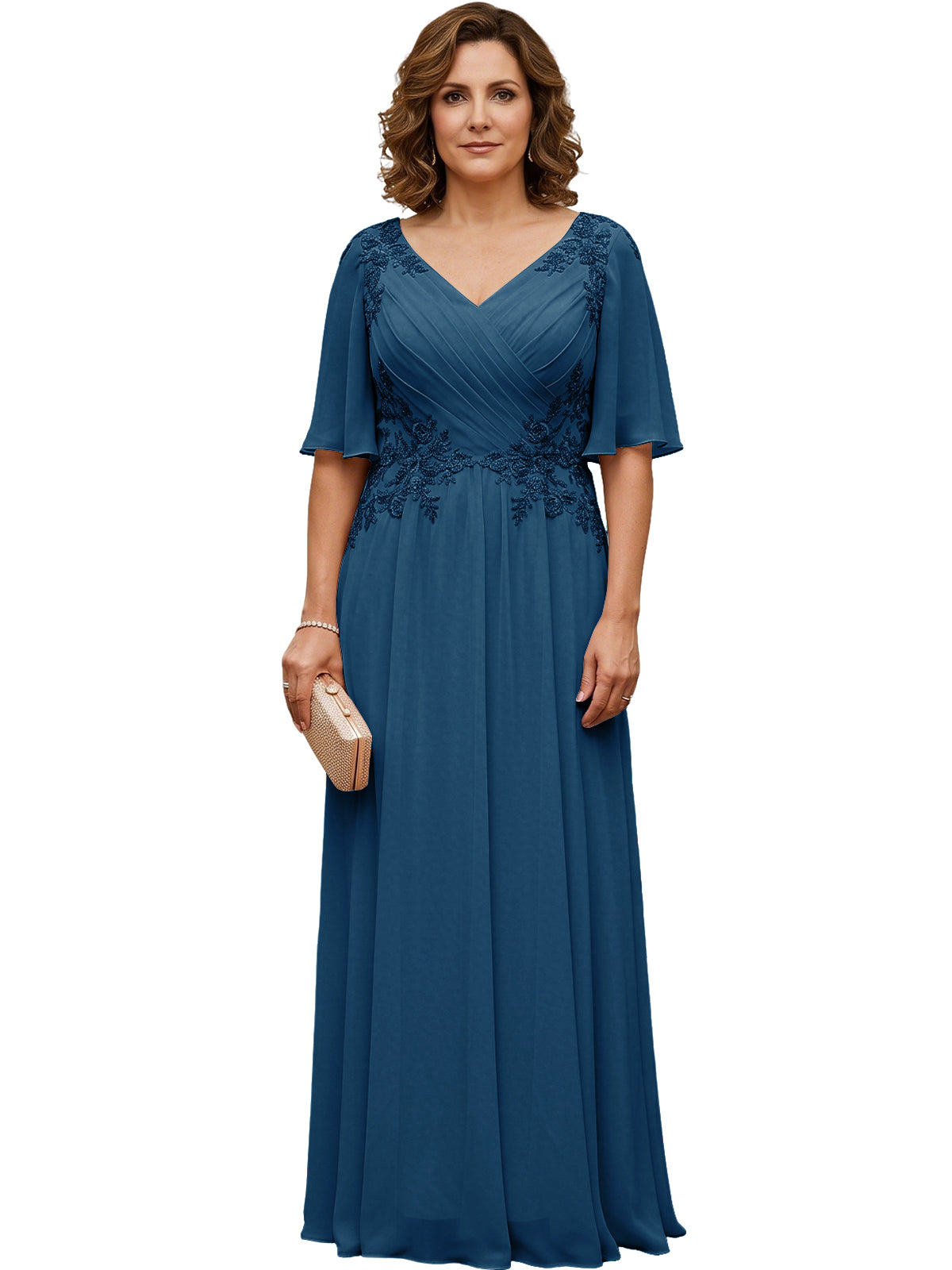 Mother of the Bride Dress Long Chiffon A-Line Gown with Flutter Sleeves and Beaded Lace