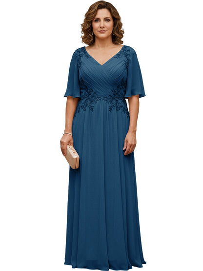 Mother of the Bride Dress Long Chiffon A-Line Gown with Flutter Sleeves and Beaded Lace