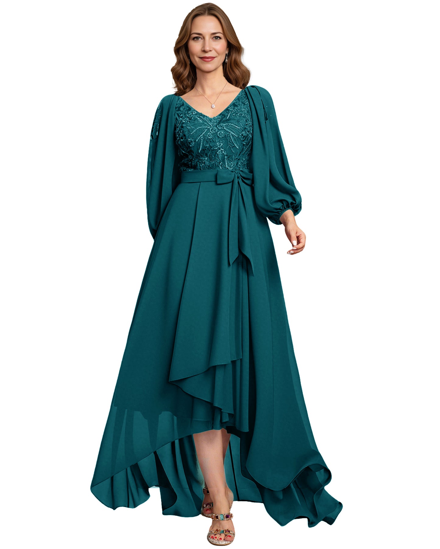 High Low Mother of the Bride Dress Lace Bodice Chiffon Jacket Formal Wedding Gown