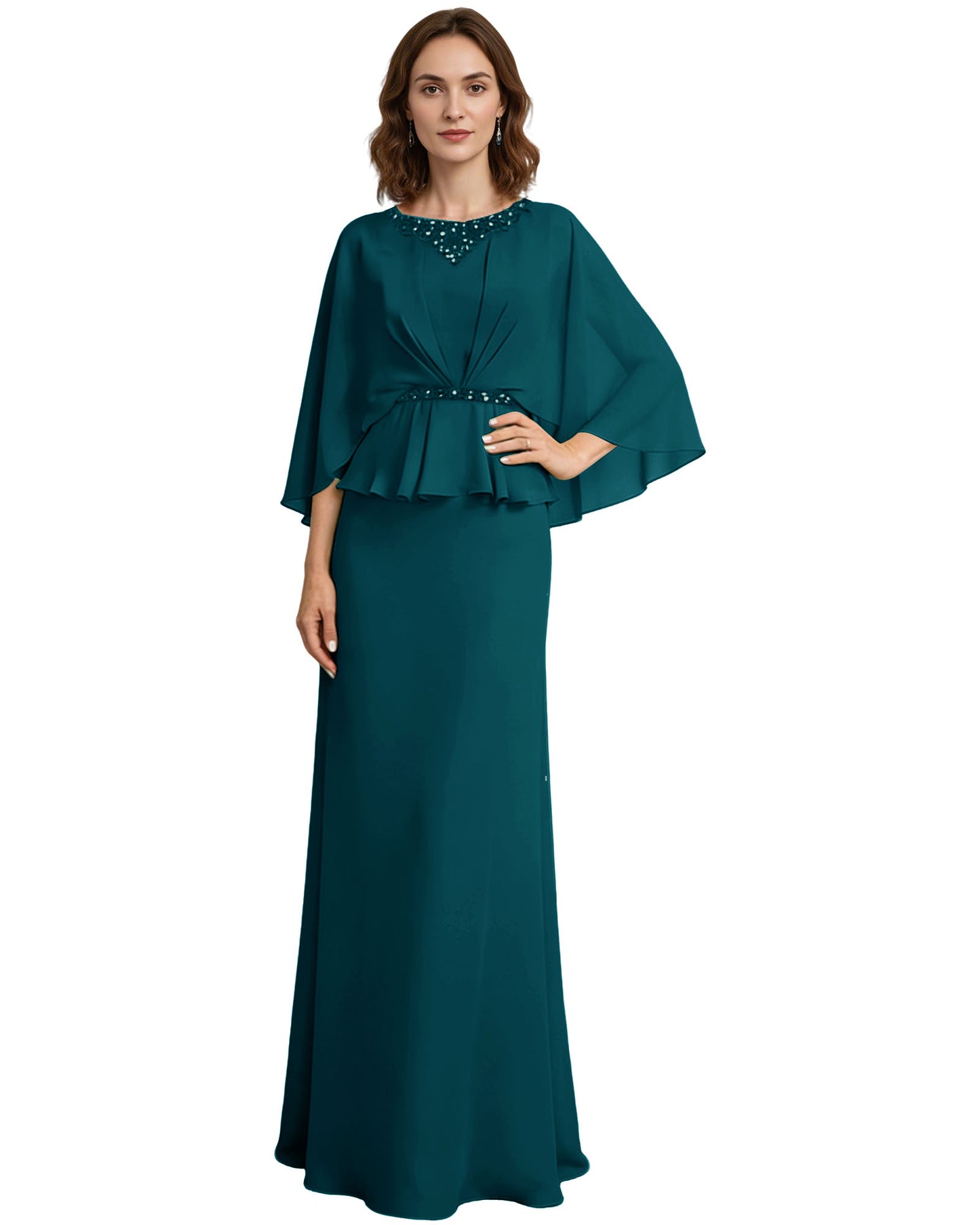 Capelet Mother of the Bride Dress Long Beaded Neck Peplum Chiffon Formal Gown