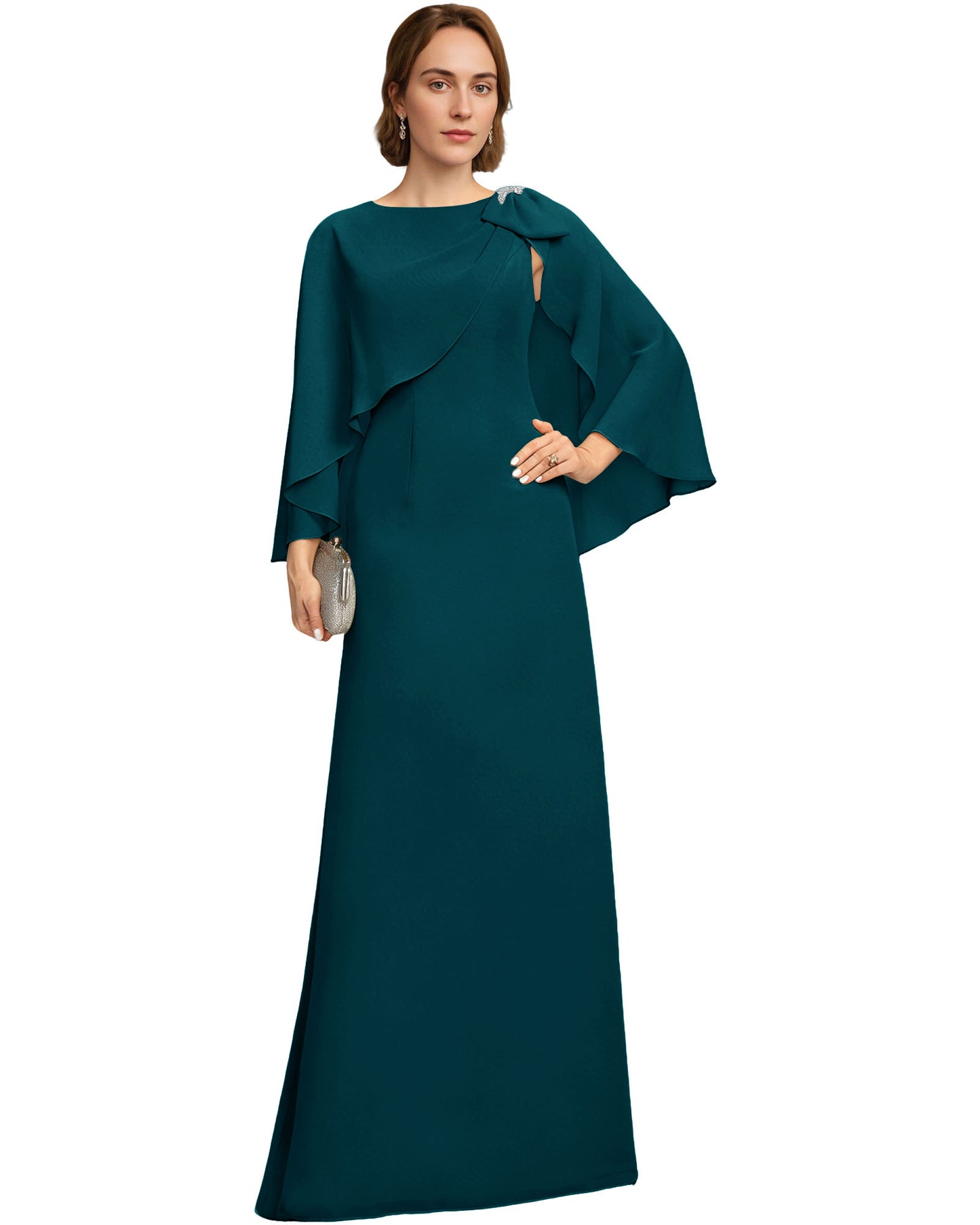 Long Cape Sleeve Mother of the Bride Dress Jewel Neck Chiffon Column Gown with Bow Detail