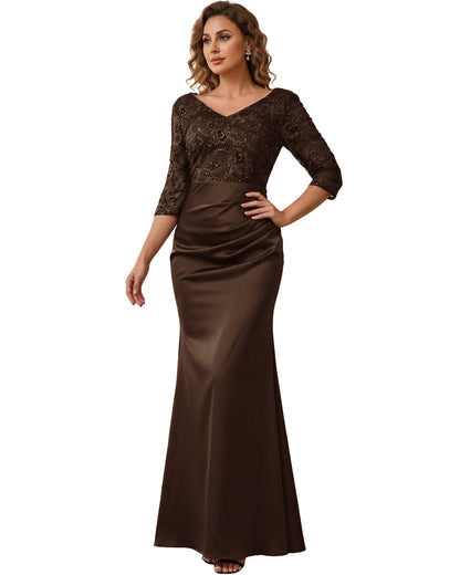 Mother of the Bride Dress Long Lace Mermaid Formal Gown with 3/4 Sleeves