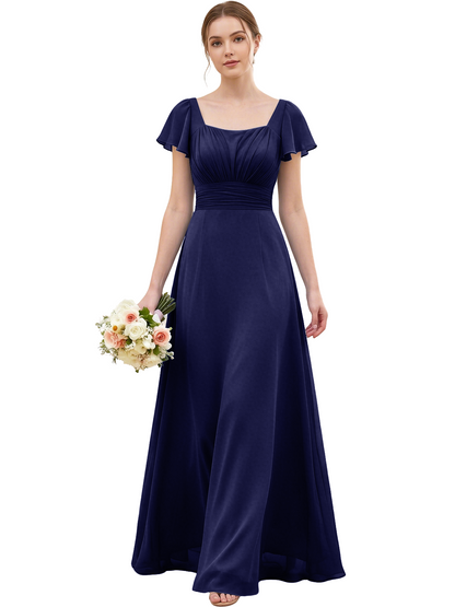 Square Neck Chiffon Bridesmaid Dress with Flutter Sleeves and Lace-Up Back